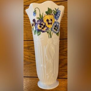 Belleek Vintage Millennium 2000-8 inch ivory vase with pansies